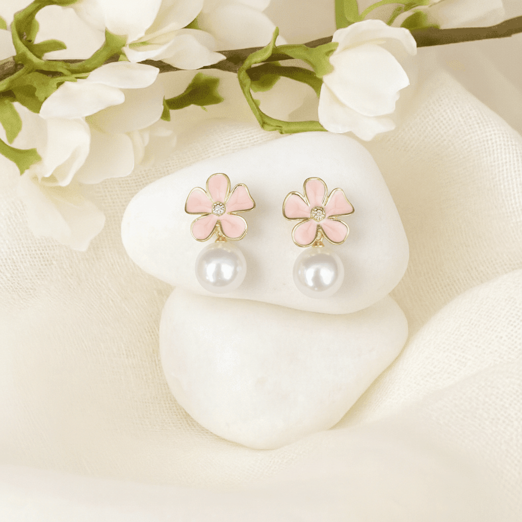 Blush Pink Flower Pearl Drop Earrings