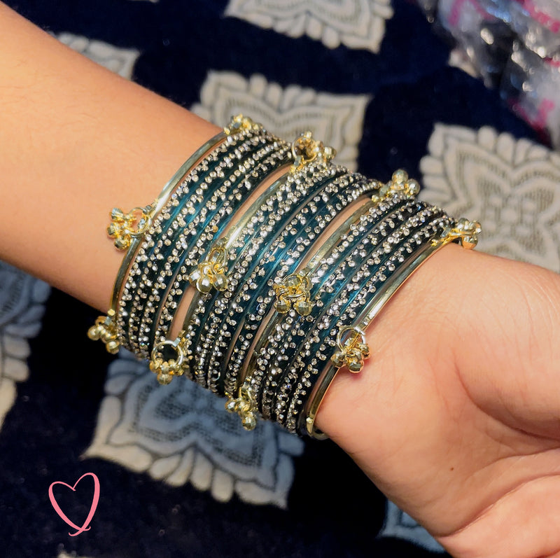 Green Stone Kashmiri Bangles with Ghungroo - Bridal Jewelry | GUFS