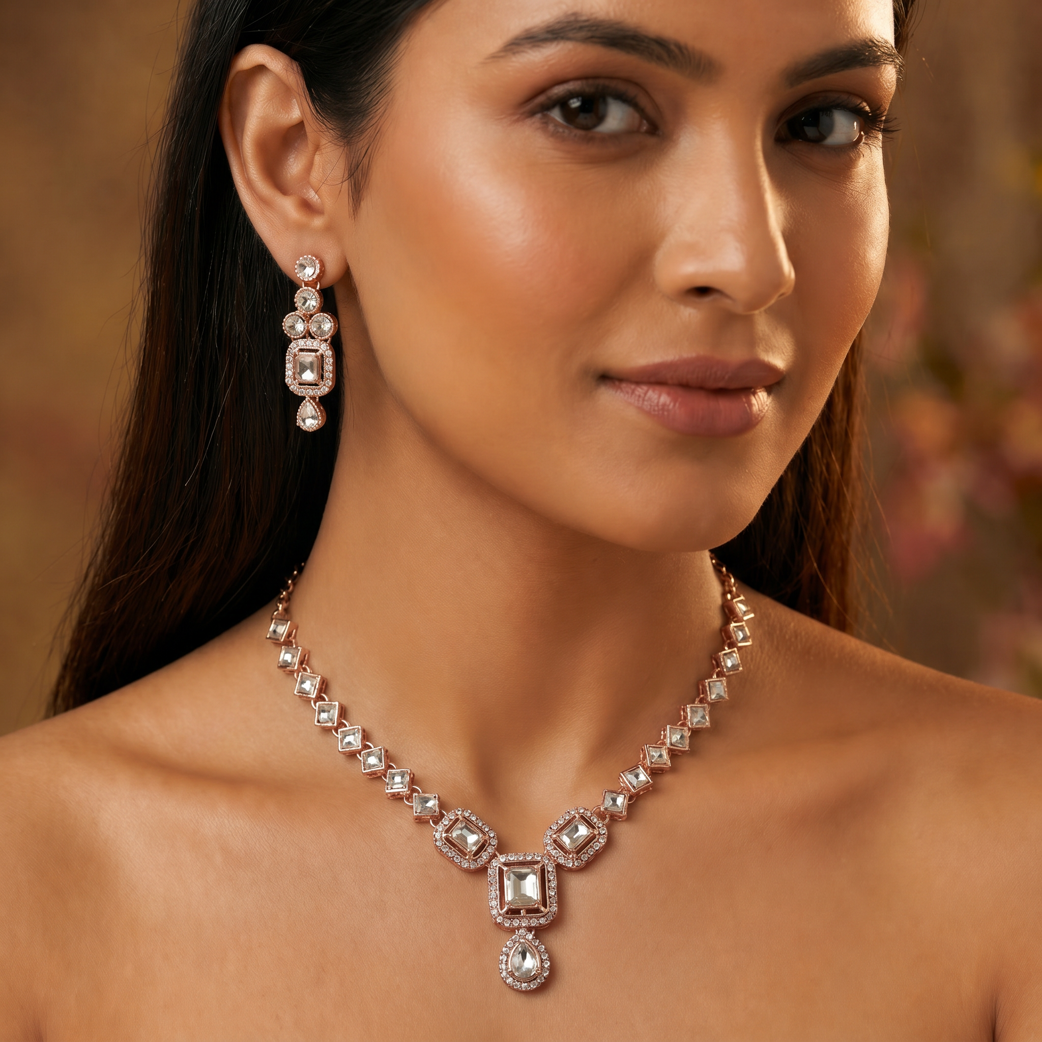 Rose Gold Square Polki AD Necklace Set with Earrings & Maang Tikka