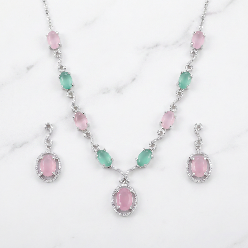 Pink & Green Dual Stone AD Necklace Set with Earrings