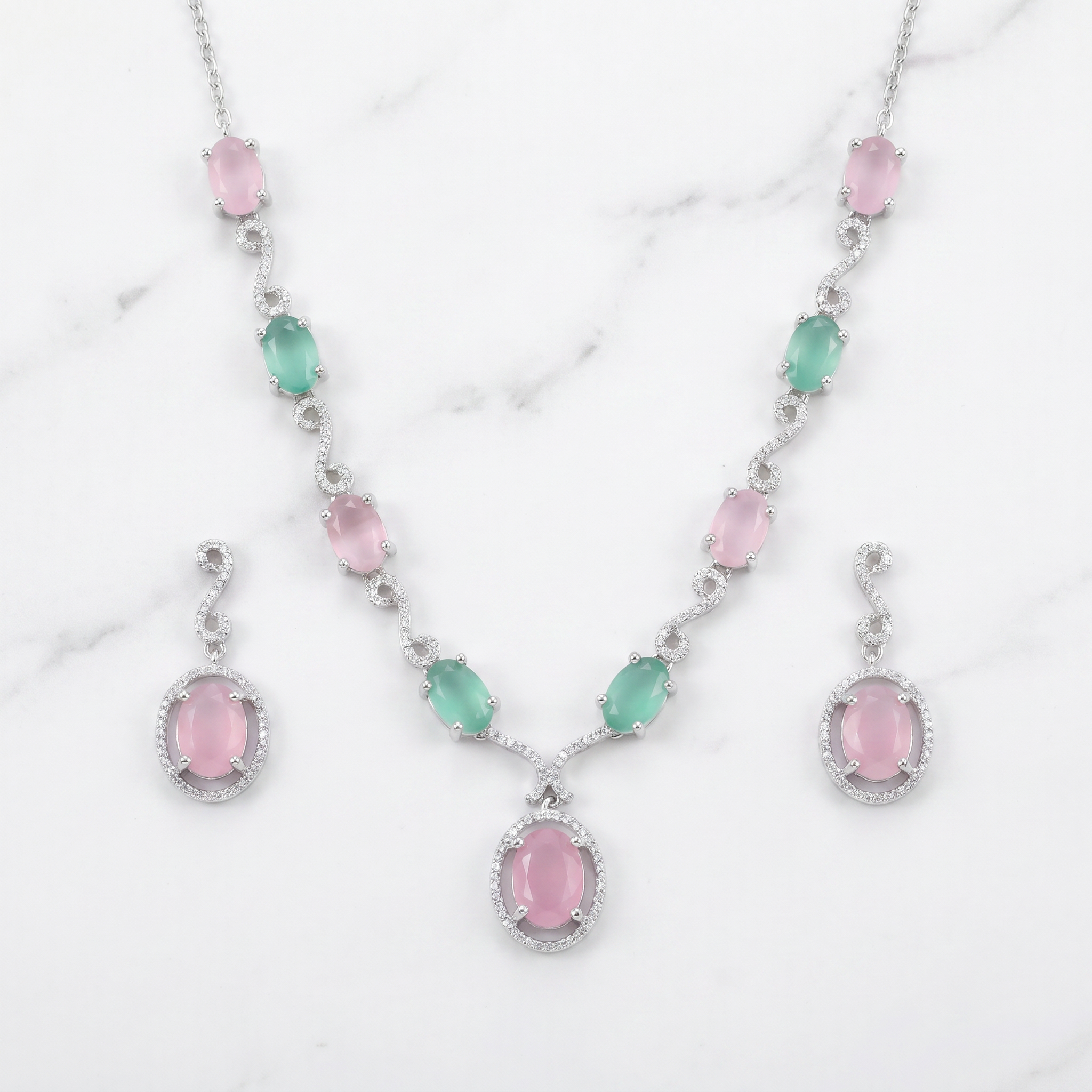 Pink & Green Dual Stone AD Necklace Set with Earrings