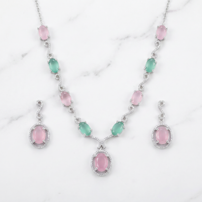 Pink & Green Dual Stone AD Necklace Set with Earrings