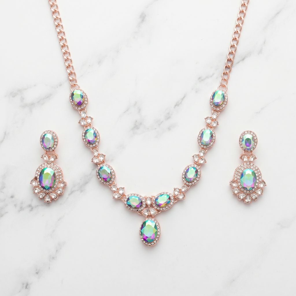 Mystic Rainbow AD Oval Necklace Set with Earrings