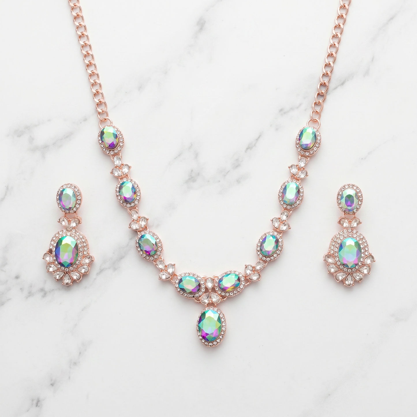 Mystic Rainbow AD Oval Necklace Set with Earrings