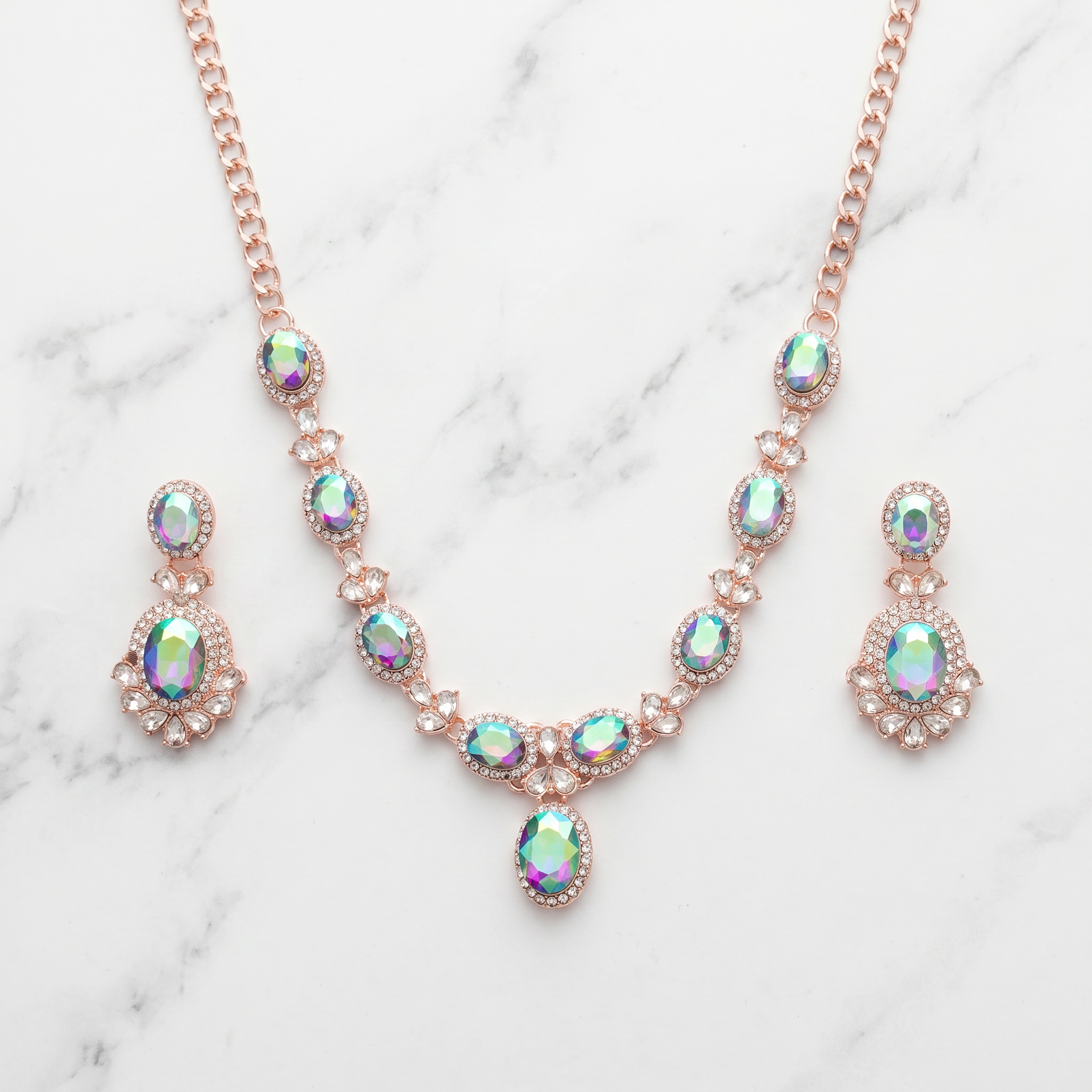 Mystic Rainbow AD Oval Necklace Set with Earrings
