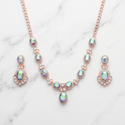 Mystic Rainbow AD Oval Necklace Set with Earrings