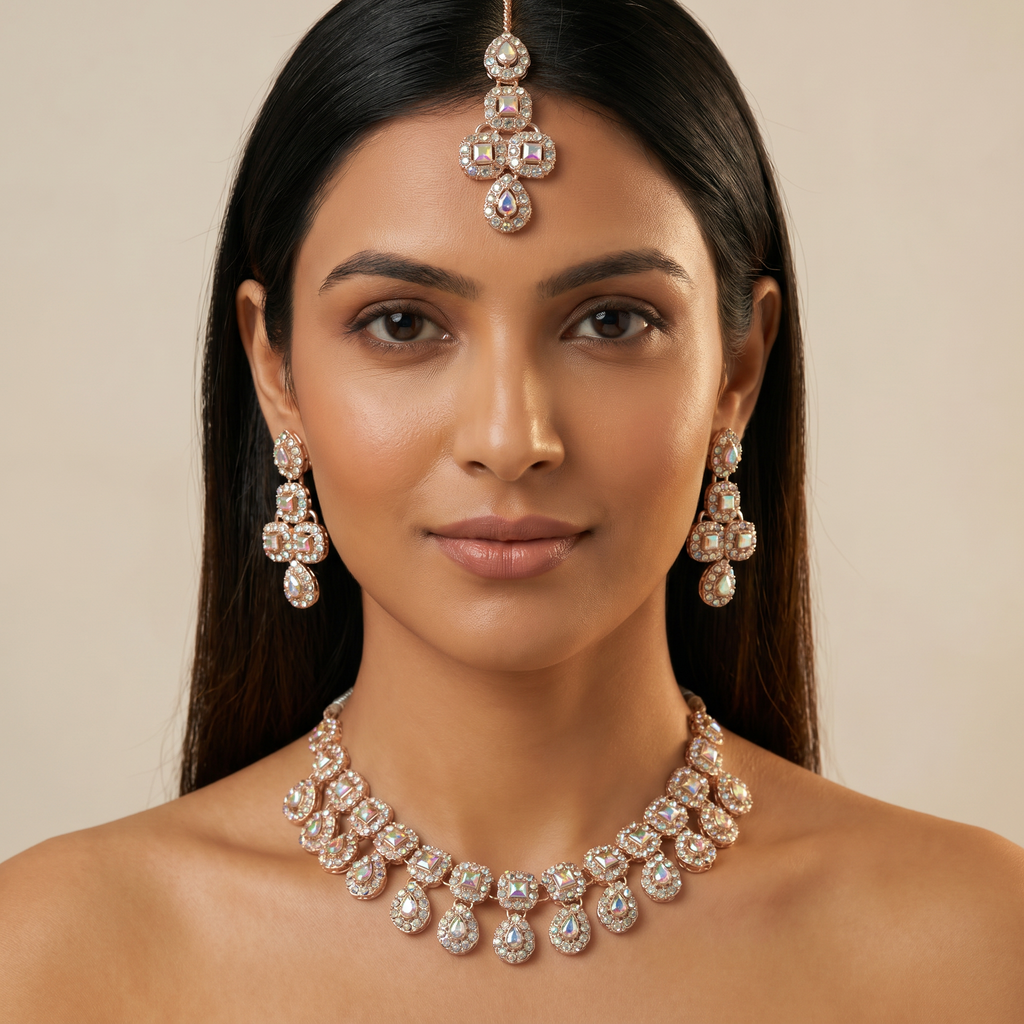 Rose Gold Polki AD Bridal Necklace Set with Earrings & Maang Tikka