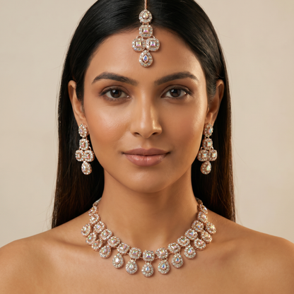 Rose Gold Polki AD Bridal Necklace Set with Earrings & Maang Tikka