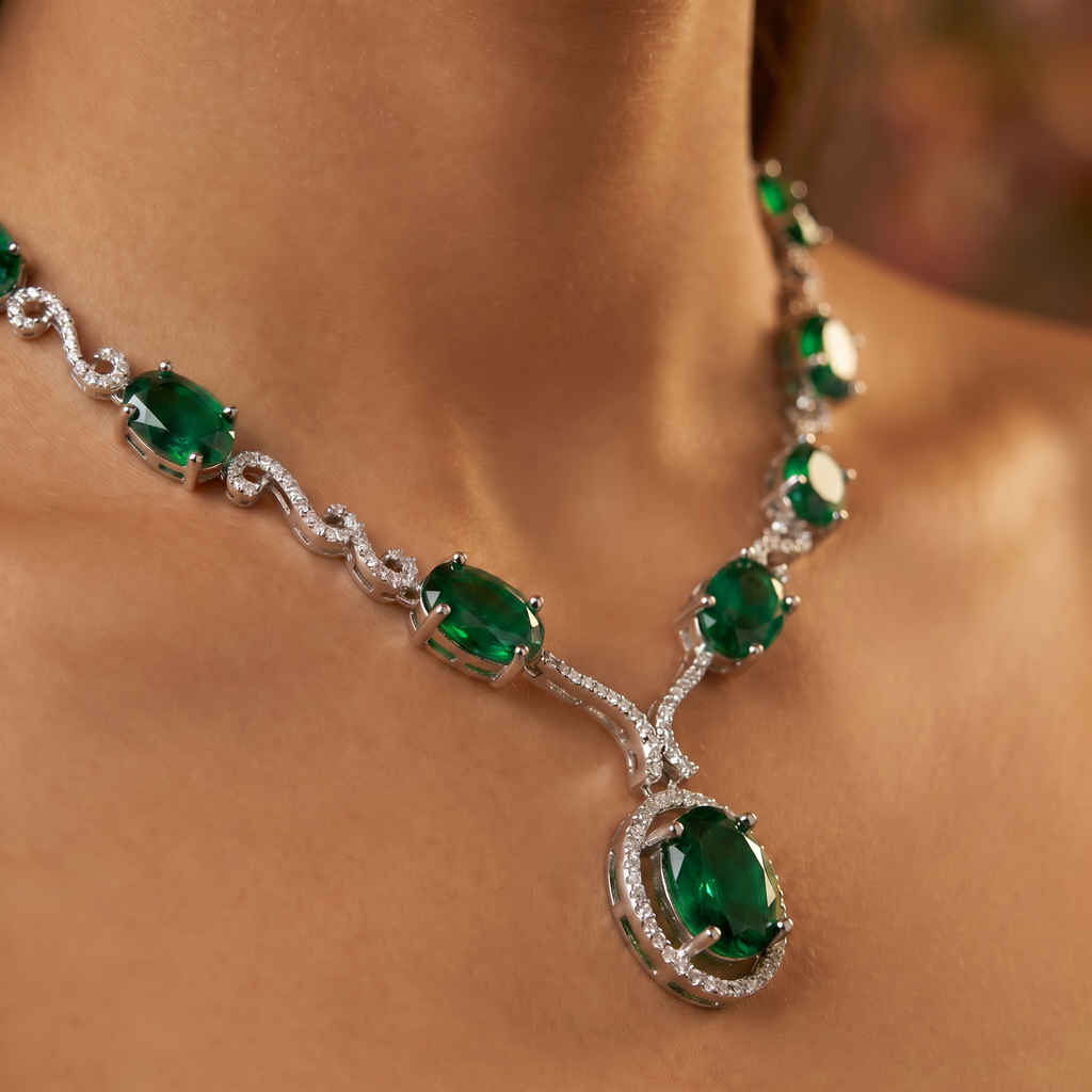 Royal Emerald Green AD Drop Necklace Set with Earrings