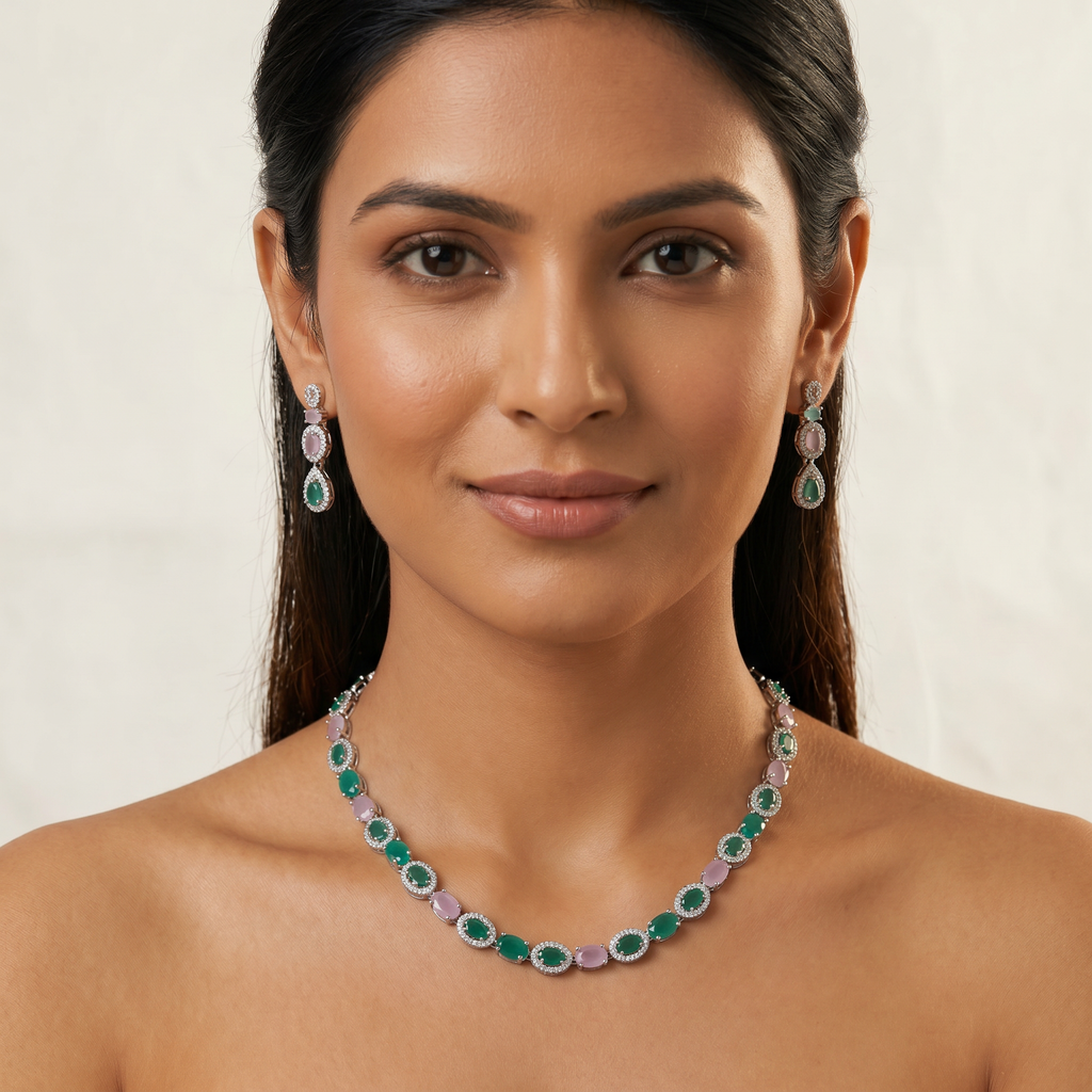 Emerald Green & Lavender AD Tennis Necklace Set with Earrings