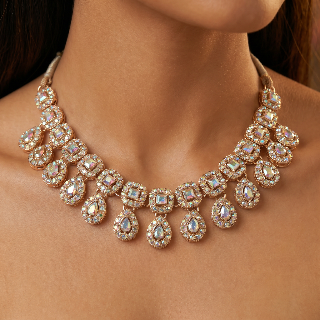 Rose Gold Polki AD Bridal Necklace Set with Earrings & Maang Tikka