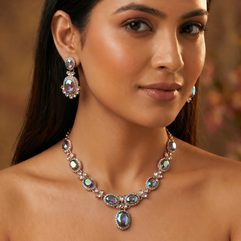 Mystic Rainbow AD Oval Necklace Set with Earrings