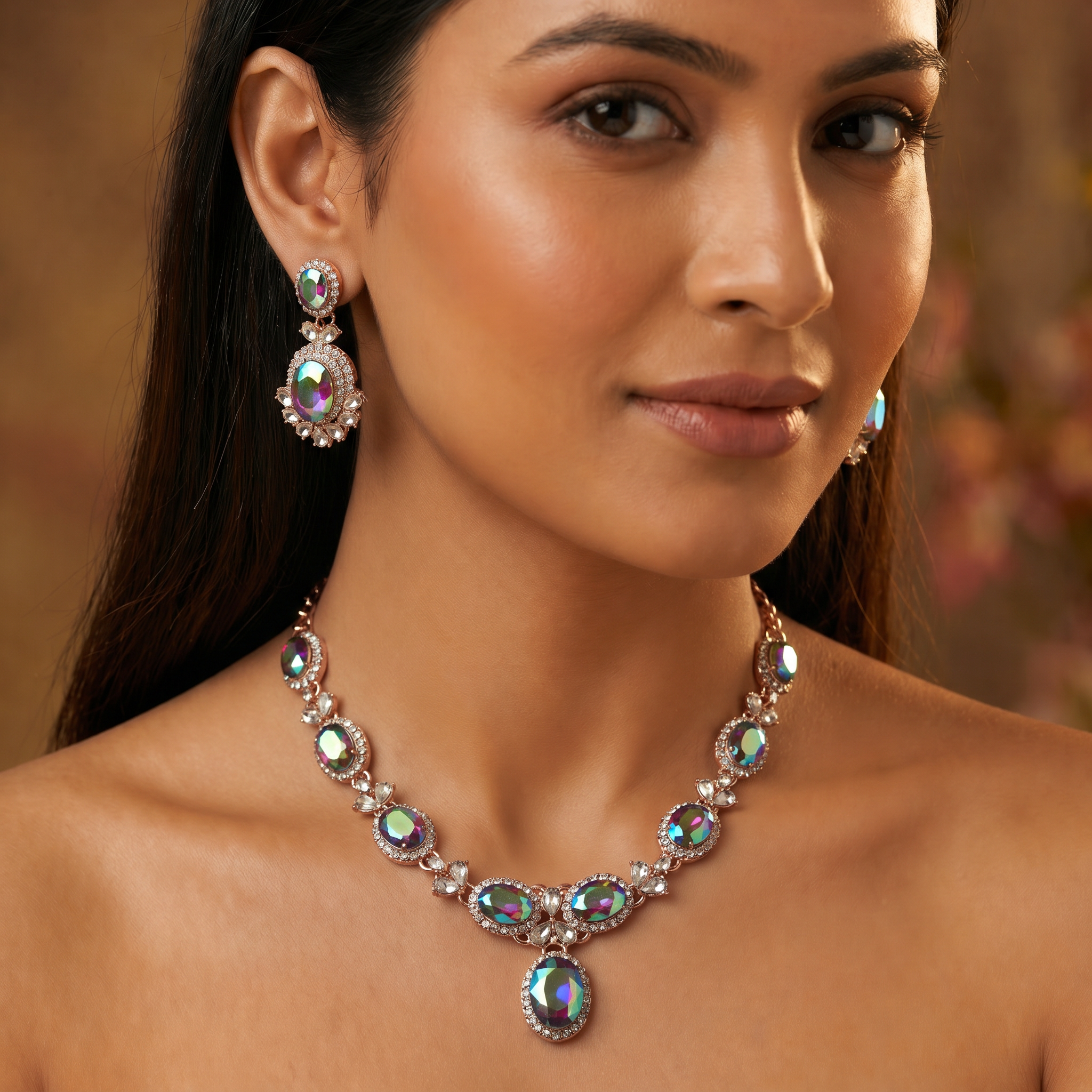 Mystic Rainbow AD Oval Necklace Set with Earrings