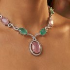 Pink & Green Dual Stone AD Necklace Set with Earrings