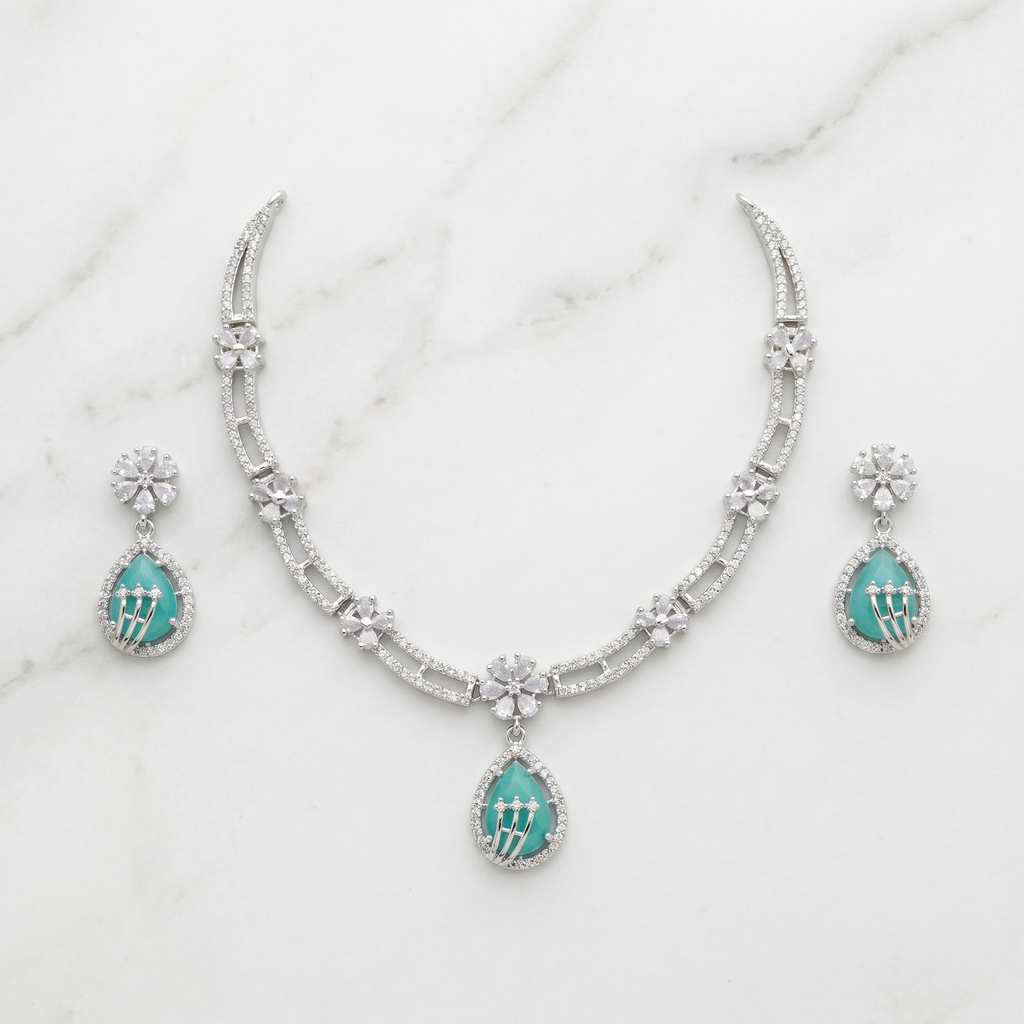 Turquoise Green AD Floral Necklace Set with Earrings