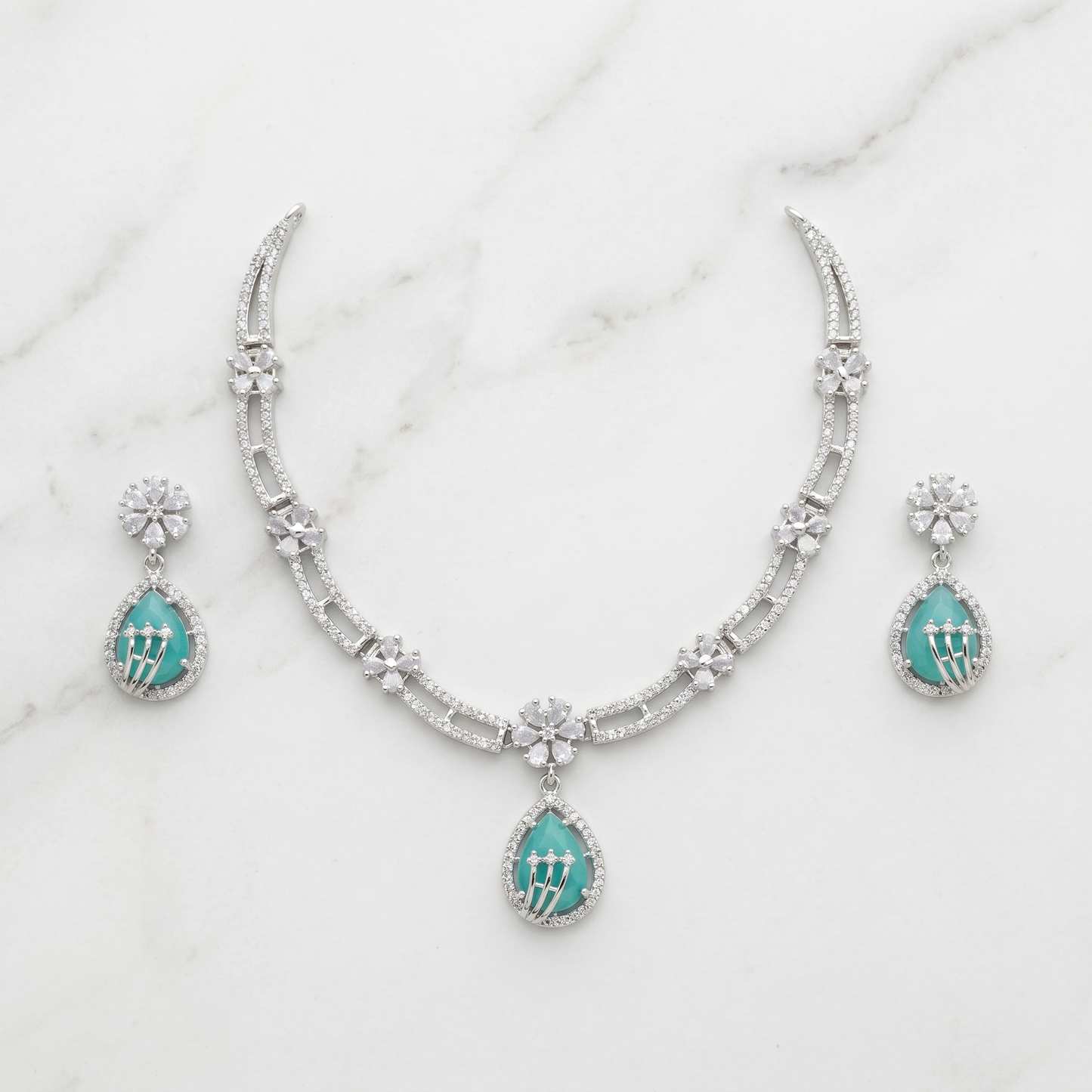 Turquoise Green AD Floral Necklace Set with Earrings