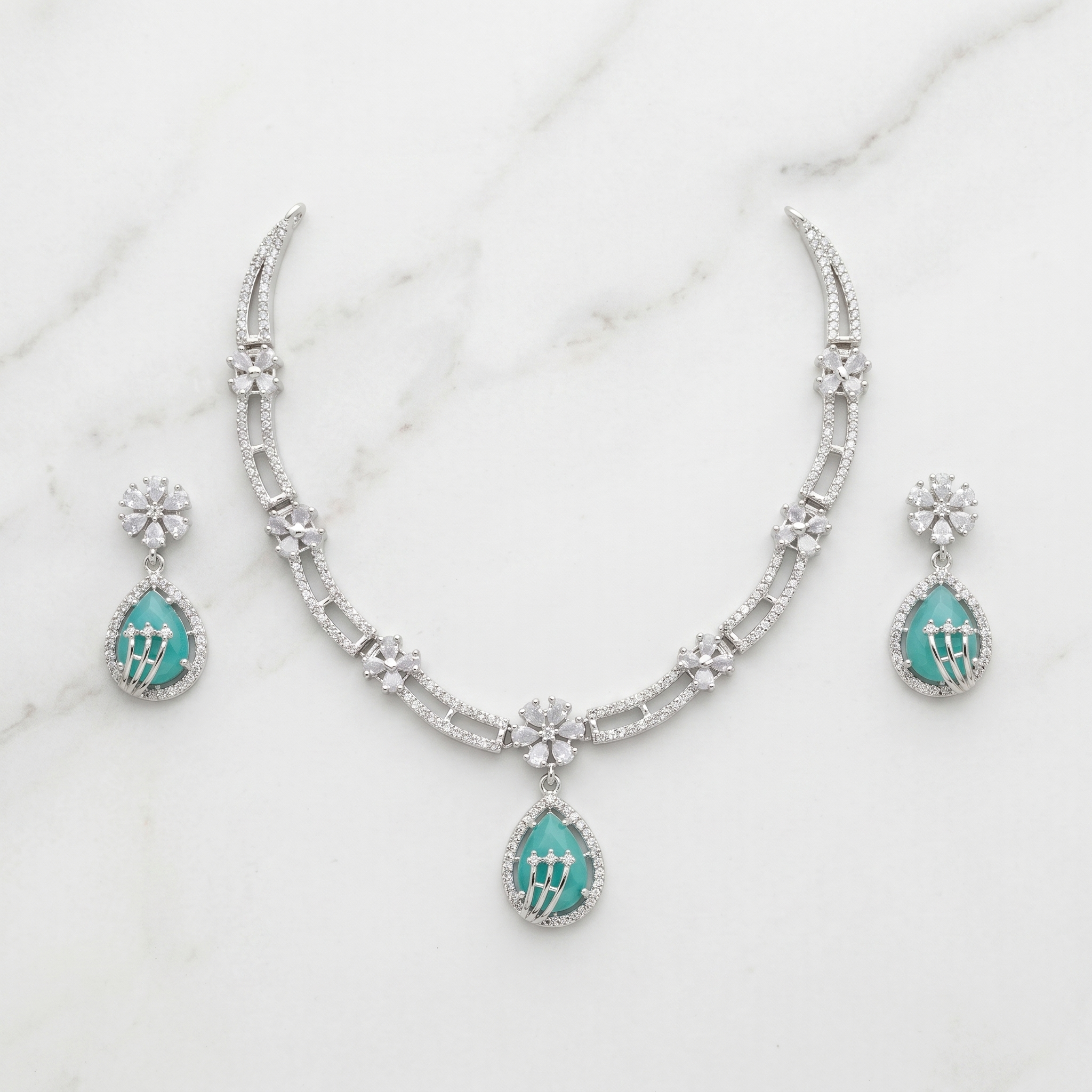 Turquoise Green AD Floral Necklace Set with Earrings