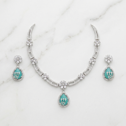 Turquoise Green AD Floral Necklace Set with Earrings