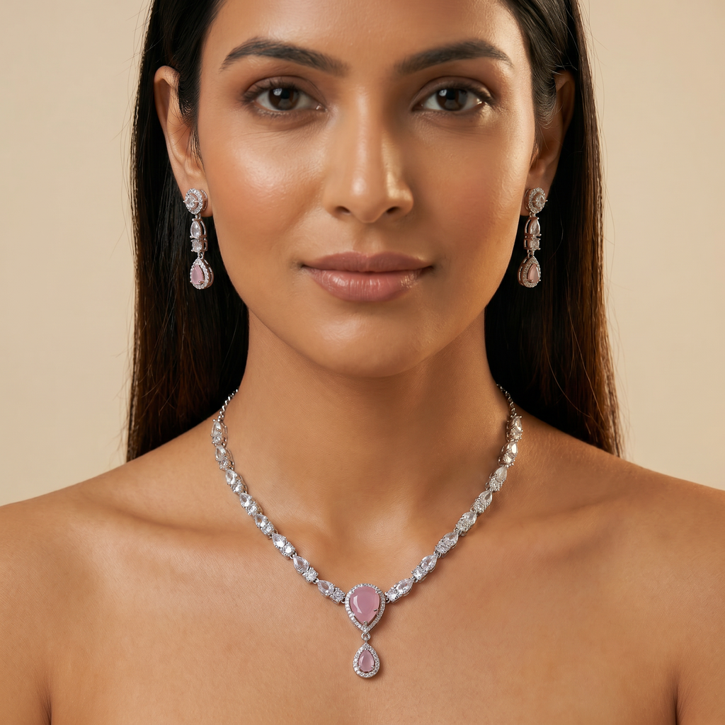 Pink Rose AD Double Drop Necklace Set with Earrings