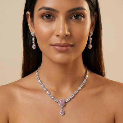 Pink Rose AD Double Drop Necklace Set with Earrings