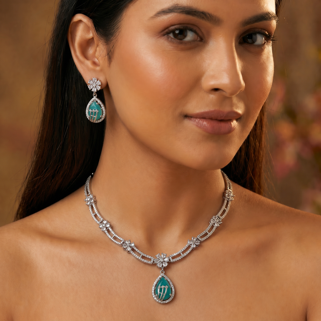 Turquoise Green AD Floral Necklace Set with Earrings