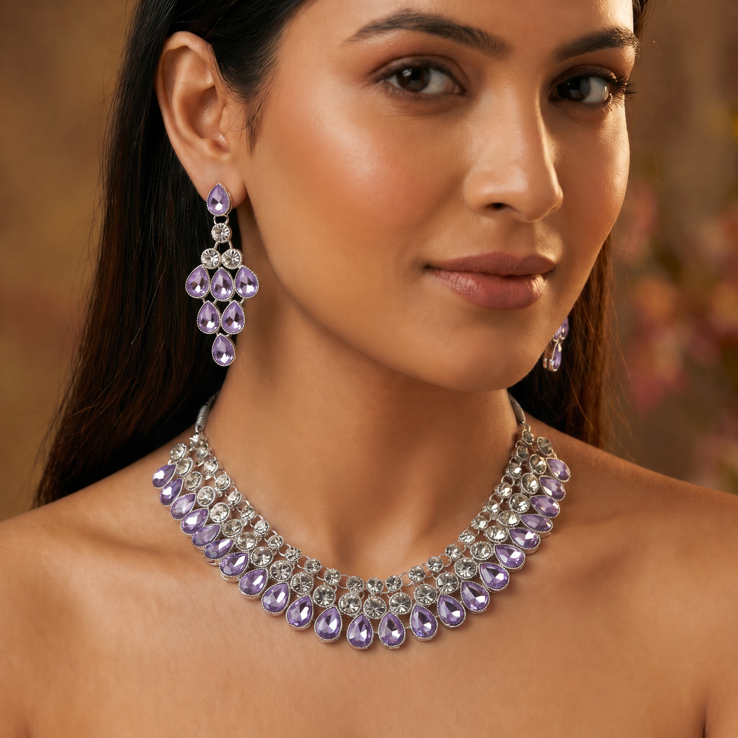 Purple Amethyst AD Bib Necklace Set with Earrings