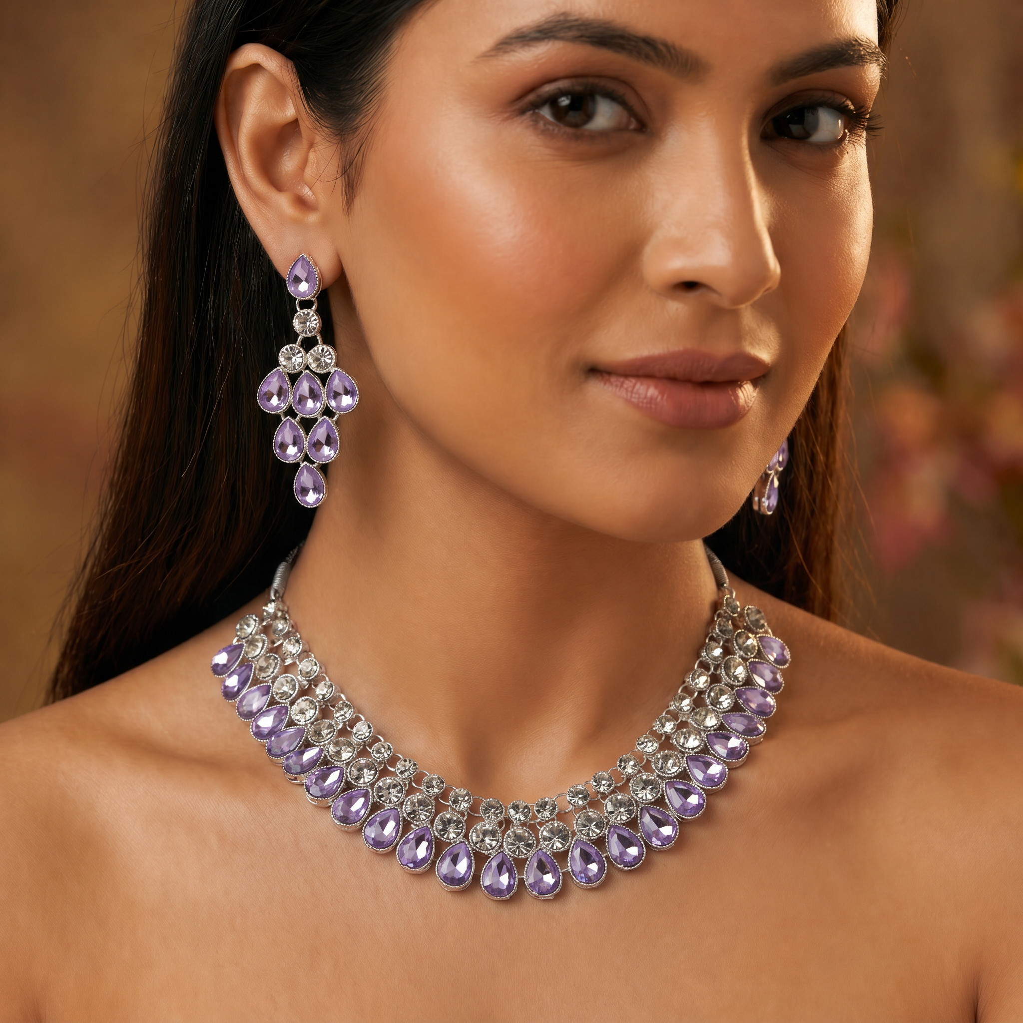 Purple Amethyst AD Bib Necklace Set with Earrings
