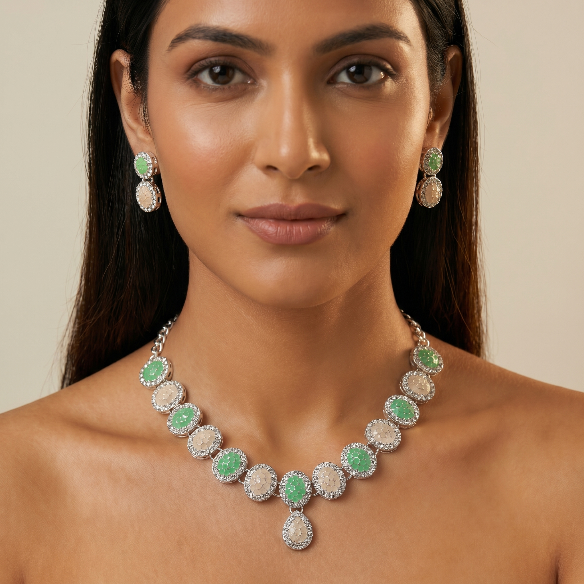 Green & White Opal AD Tennis Necklace Set with Earrings