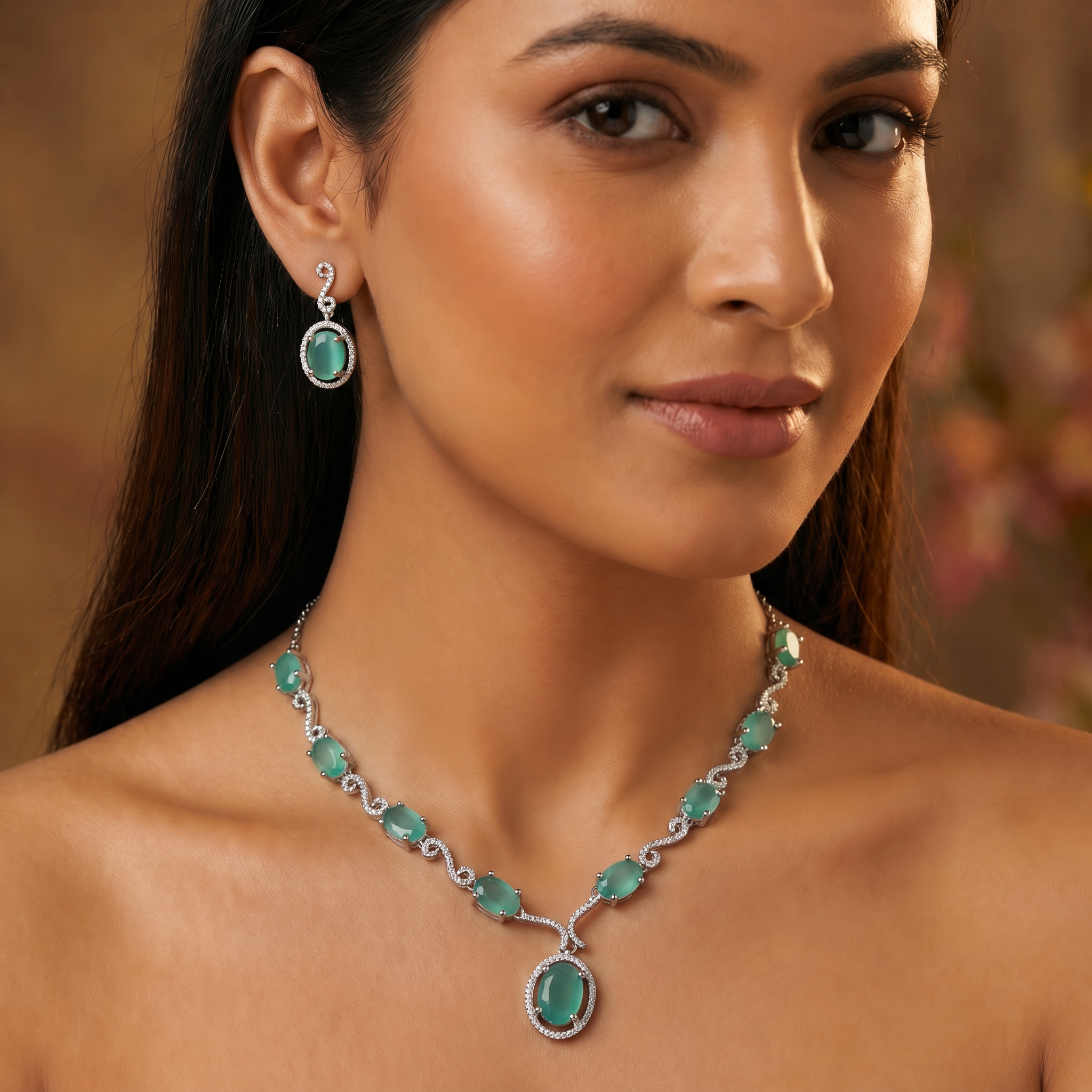 AD Diamond Necklace with Light Green Stone