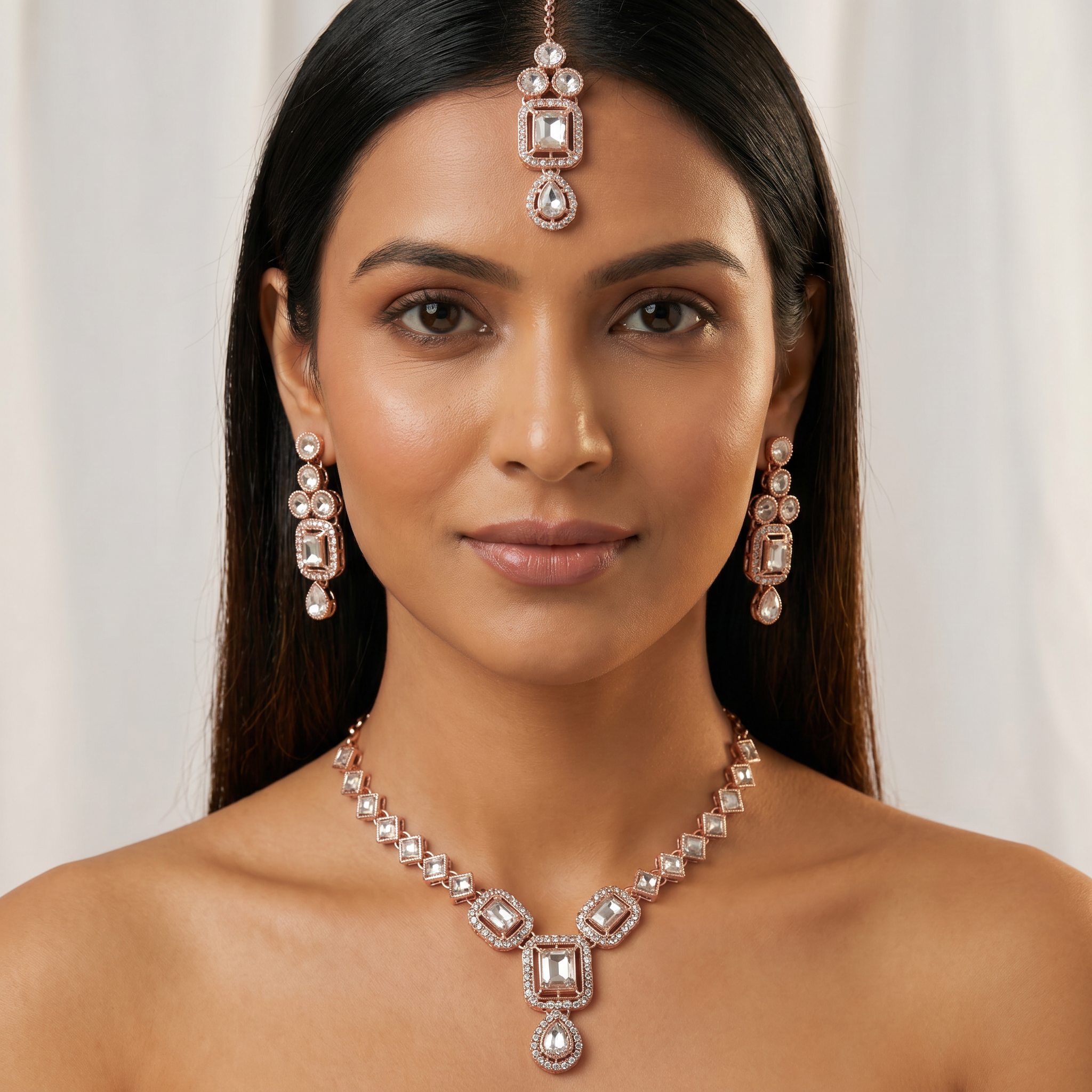 Rose Gold Square Polki AD Necklace Set with Earrings & Maang Tikka