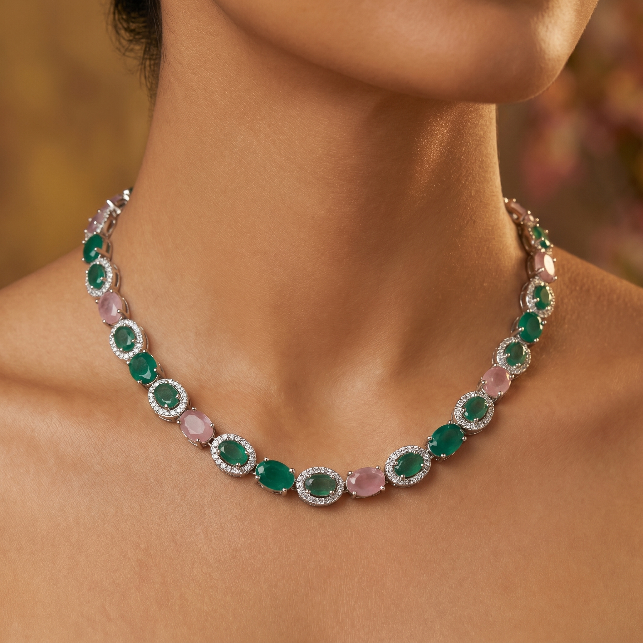 Emerald Green & Lavender AD Tennis Necklace Set with Earrings
