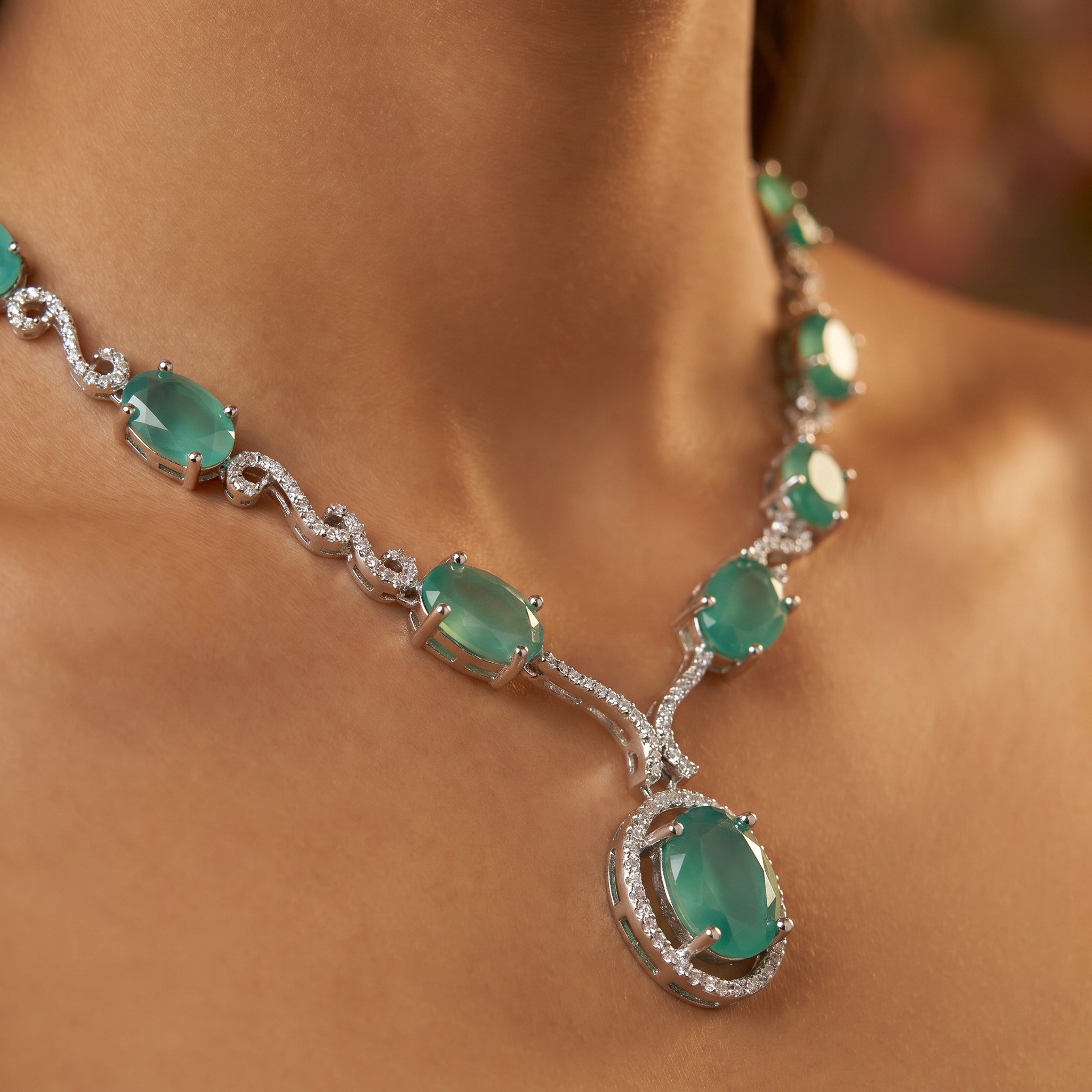 AD Diamond Necklace with Light Green Stone