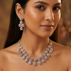 Rose Gold Polki AD Bridal Necklace Set with Earrings & Maang Tikka