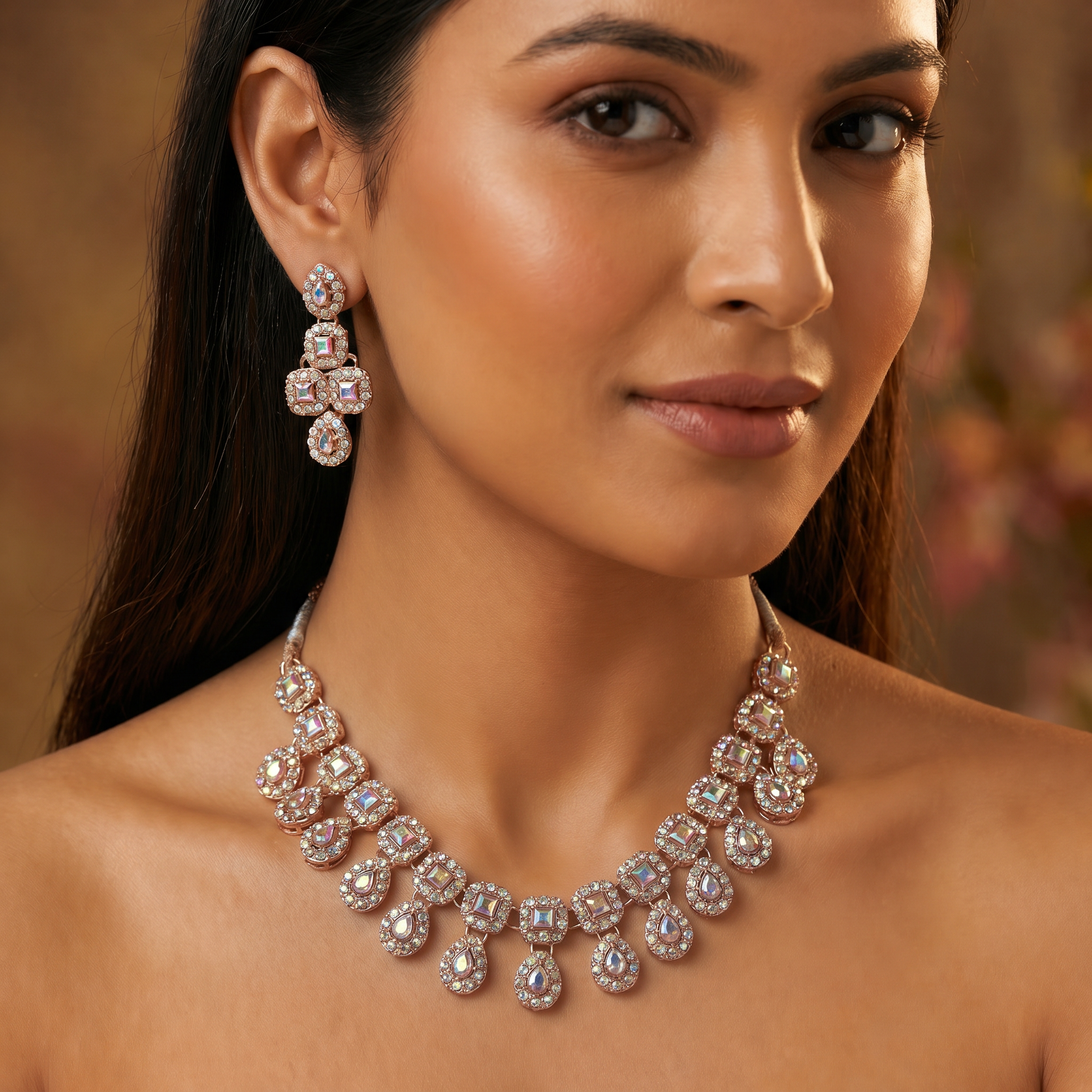 Rose Gold Polki AD Bridal Necklace Set with Earrings & Maang Tikka
