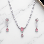 Pink Rose AD Double Drop Necklace Set with Earrings