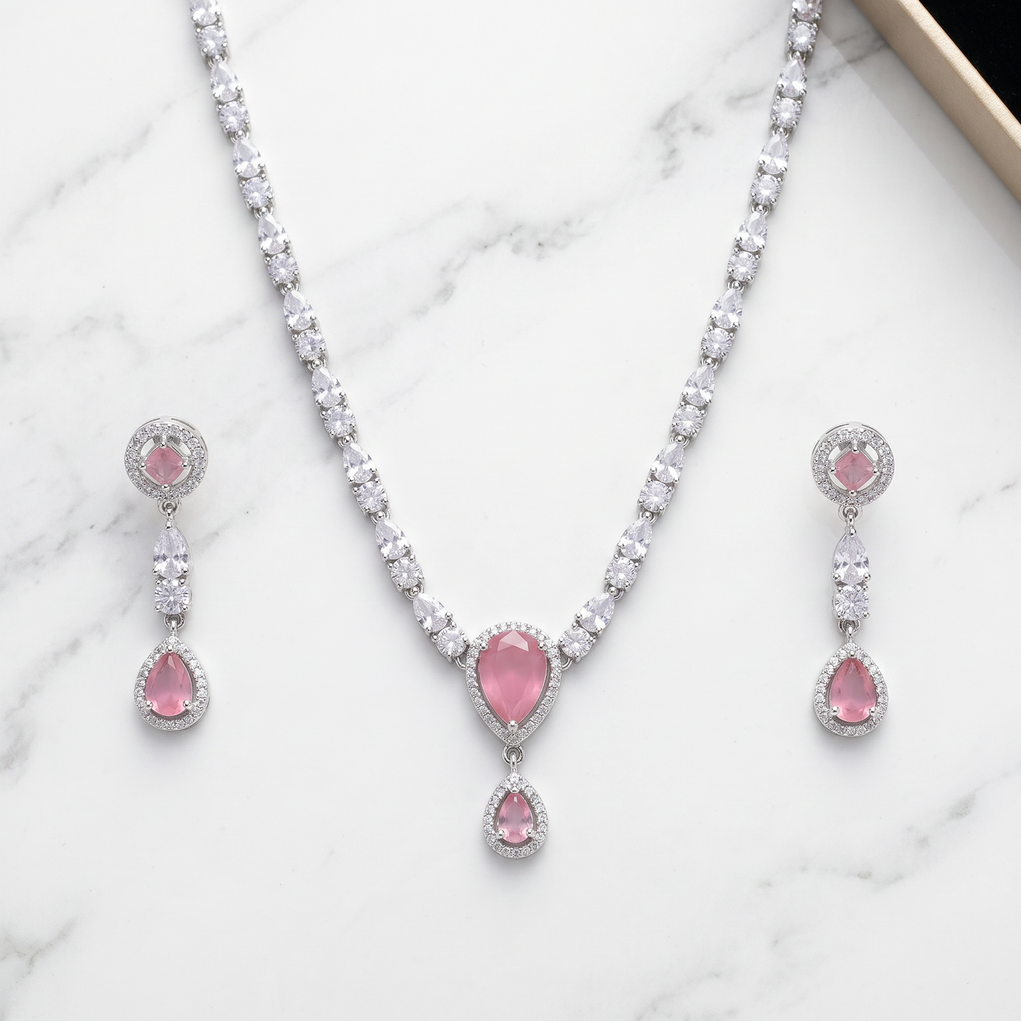 Pink Rose AD Double Drop Necklace Set with Earrings
