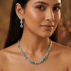 Emerald Green & Lavender AD Tennis Necklace Set with Earrings