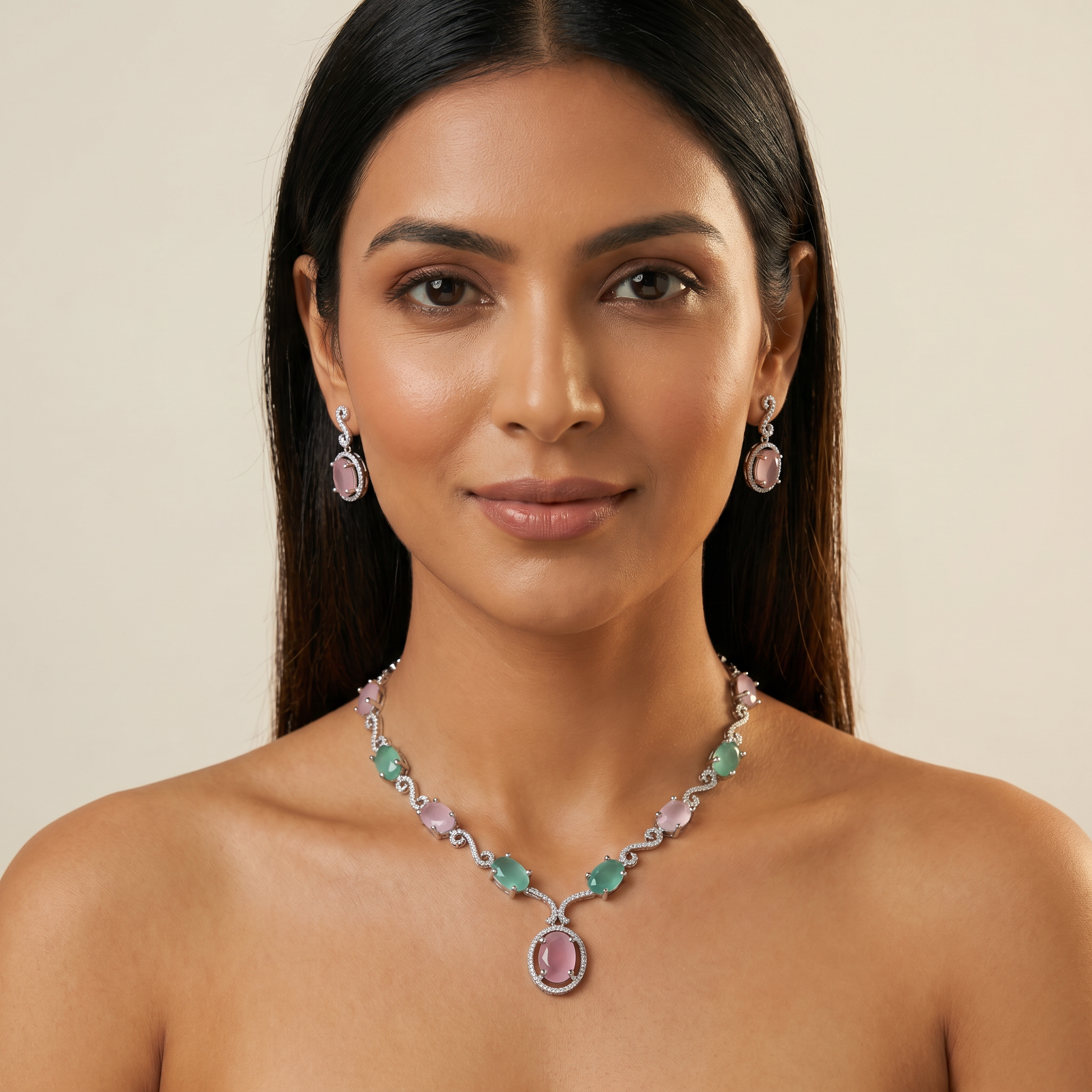 Pink & Green Dual Stone AD Necklace Set with Earrings