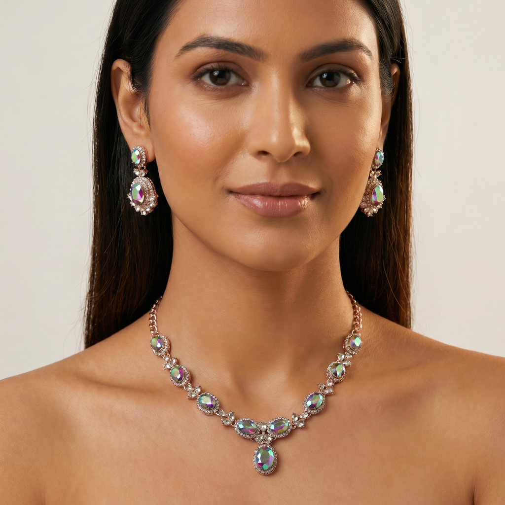 Mystic Rainbow AD Oval Necklace Set with Earrings
