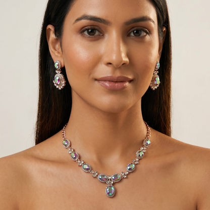 Mystic Rainbow AD Oval Necklace Set with Earrings
