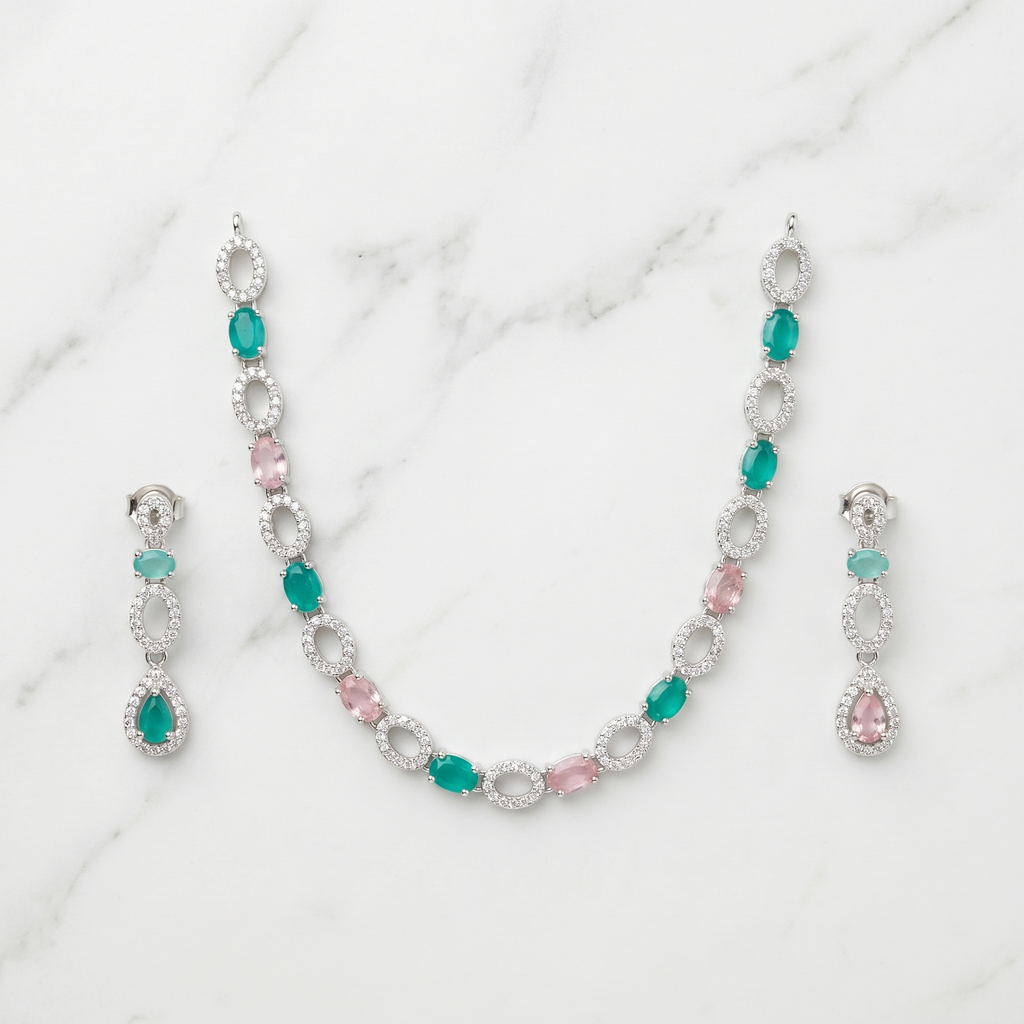 Emerald Green & Lavender AD Tennis Necklace Set with Earrings