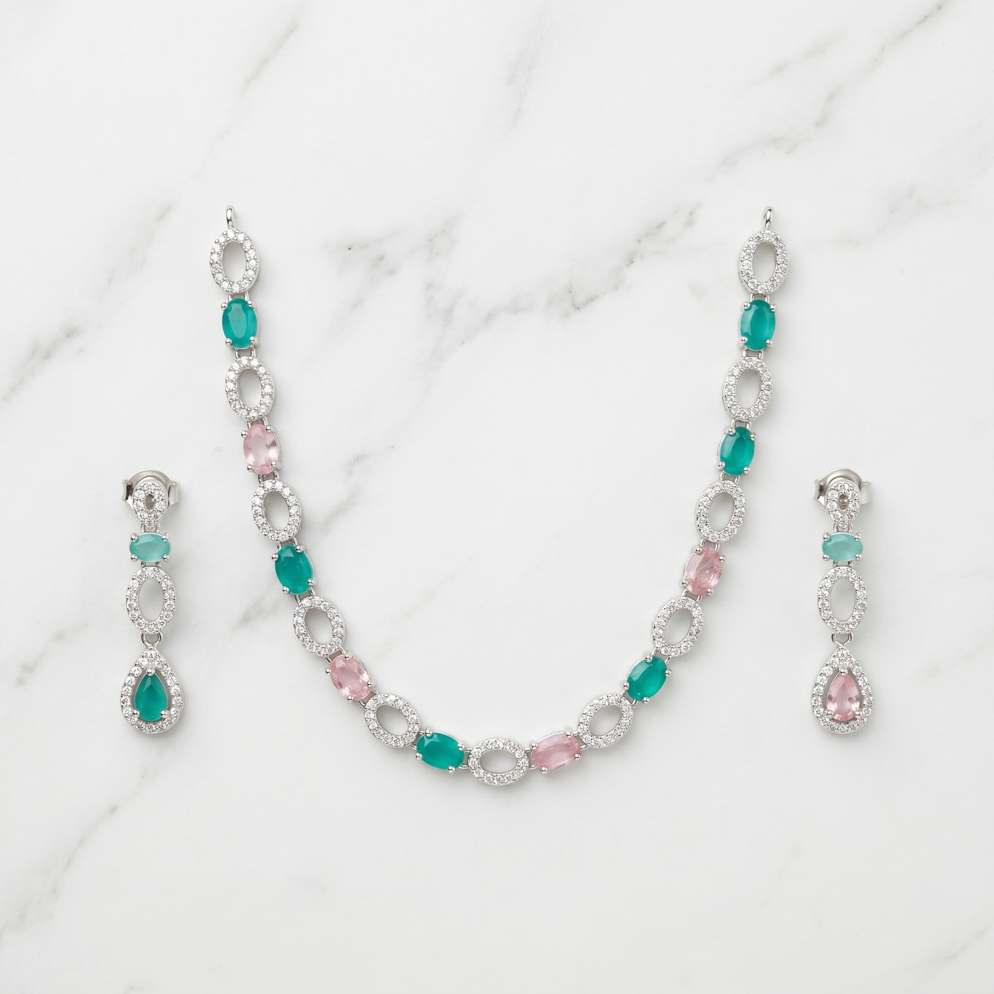 Emerald Green & Lavender AD Tennis Necklace Set with Earrings