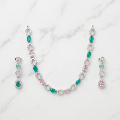 Emerald Green & Lavender AD Tennis Necklace Set with Earrings