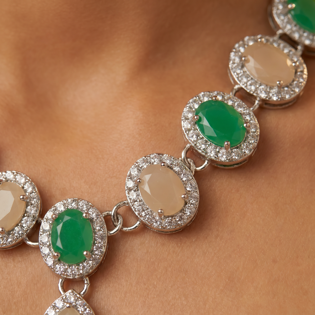 Green & White Opal AD Tennis Necklace Set with Earrings