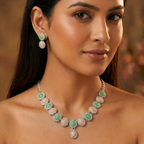 Green & White Opal AD Tennis Necklace Set with Earrings