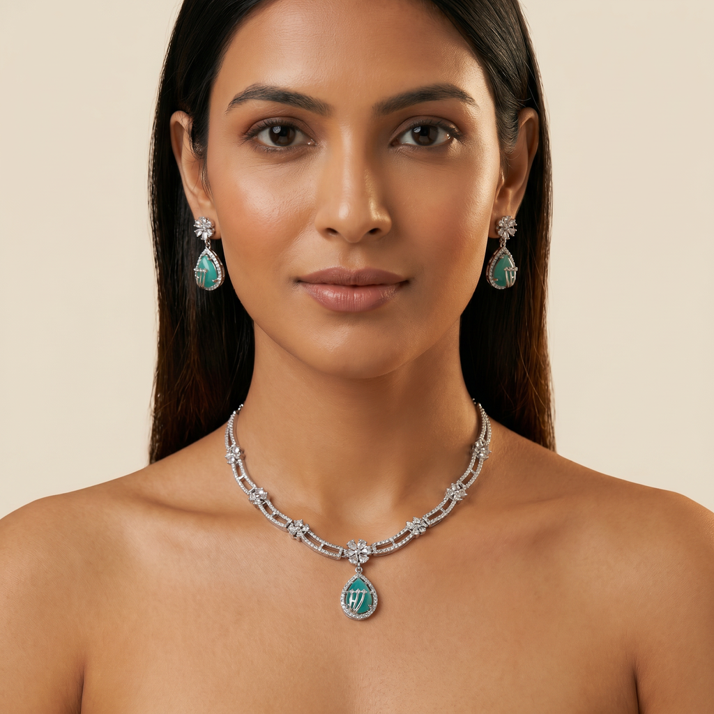 Turquoise Green AD Floral Necklace Set with Earrings