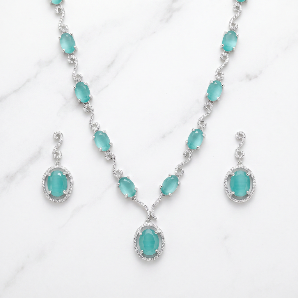 AD Diamond Necklace with Light Green Stone