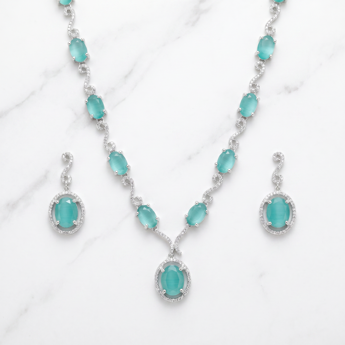 AD Diamond Necklace with Light Green Stone