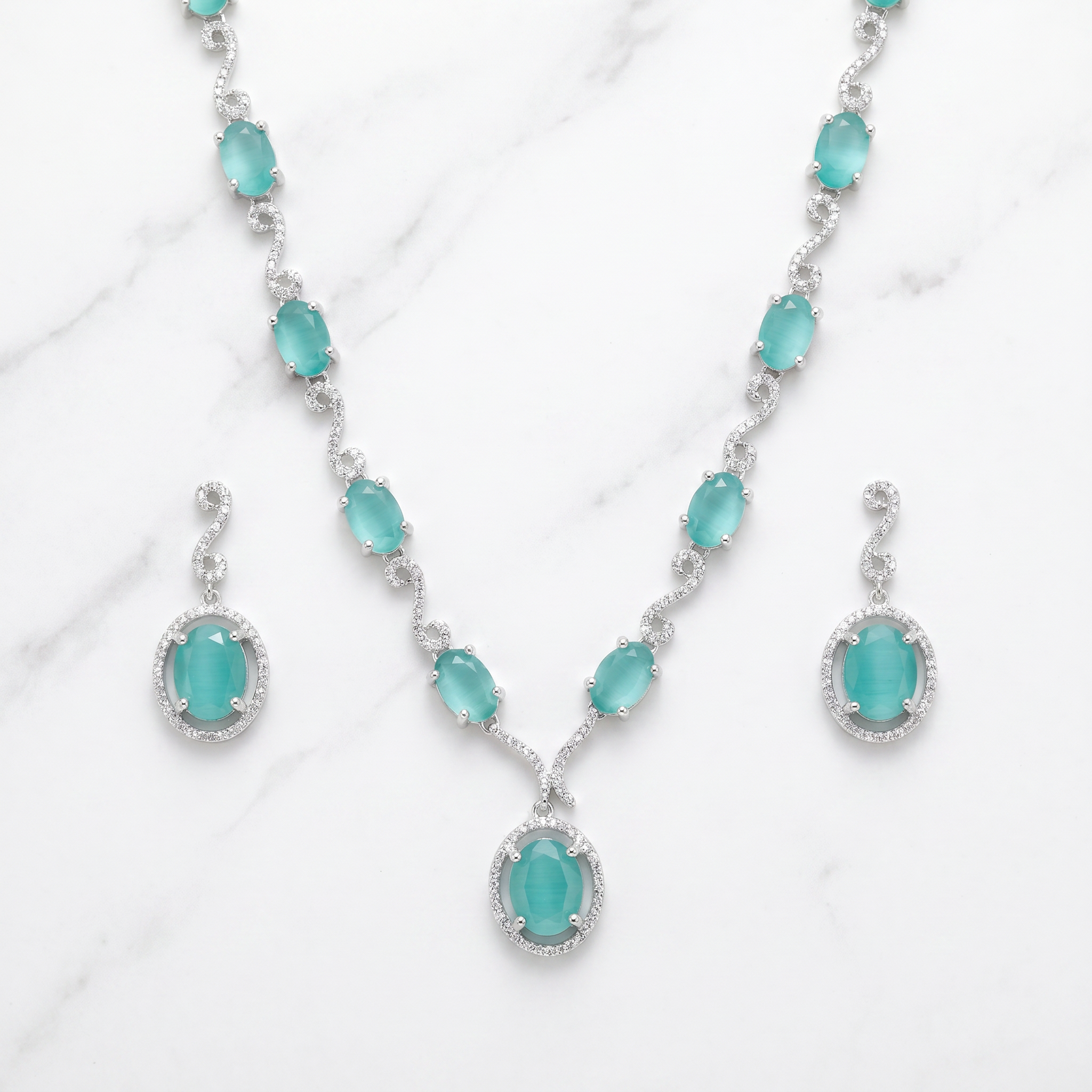 AD Diamond Necklace with Light Green Stone