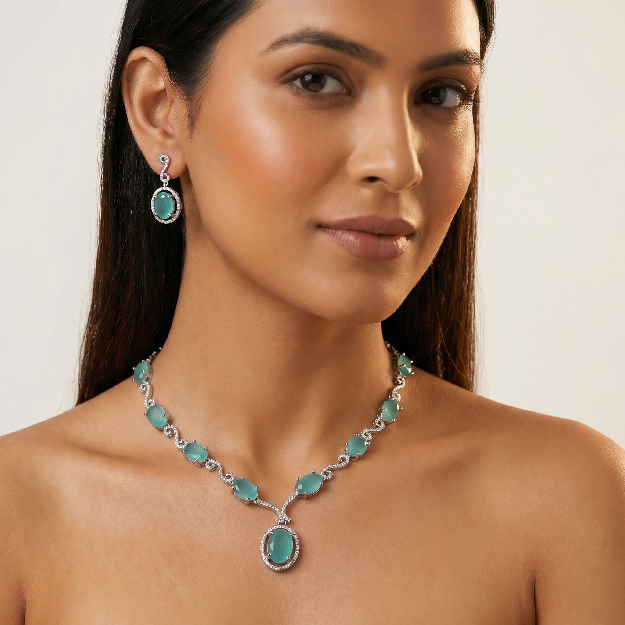AD Diamond Necklace with Light Green Stone